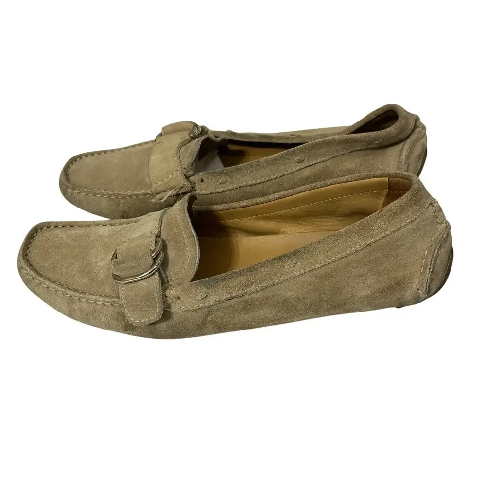PRADA Driving Moccasins Beige Suede Rubber Sole Silver Buckle